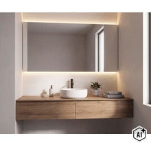 Moderne badkamer met wastafelmeubel in houtlook, ronde waskom, led spiegel en geribbelde wandtegels. (Image AI modified or generated)