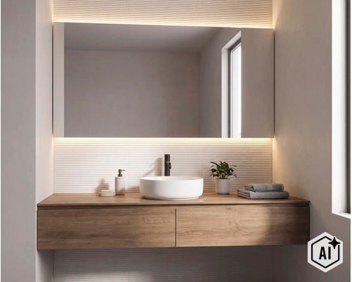 Moderne badkamer met wastafelmeubel in houtlook, ronde waskom, led spiegel en geribbelde wandtegels. (Image AI modified or generated)