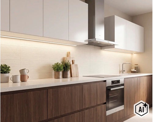 Moderne inbouwkeuken met witte bovenkastjes, donkere houten fronten, geribbelde wandtegels en geïntegreerde verlichting. (Image AI modified or generated)