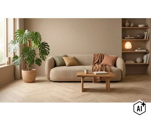 Woonkamer met een beige bank, houten tafel, Monstera plant en wandplanken op een visgraat parketvloer in een modern interieur. (Image AI modified or generated)
