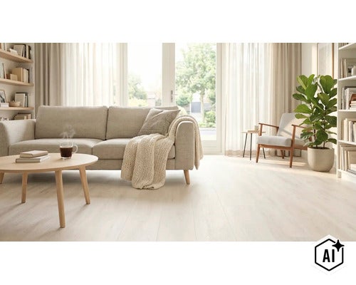 Lichte, modern ingerichte woonkamer met lichte laminaatvloer, gezellige bank, salontafel en een grote plant voor een glazen pui. (Image AI modified or generated)