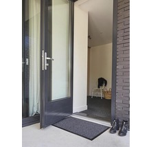 Entree met deurmat, deur en schoenen