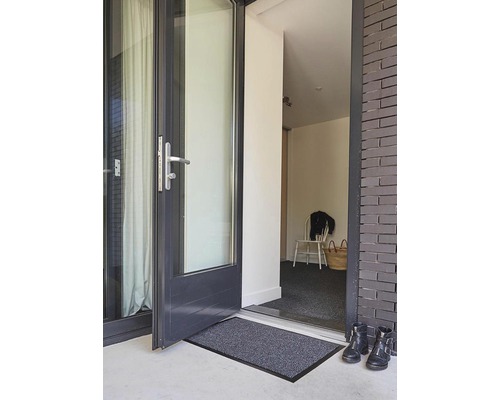 Entree met deurmat, deur en schoenen