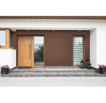 Moderne woningentree met bruine baksteengevel, houten deur, zijlicht en grijze tegelstappen, aangekleed met plantenbakken.