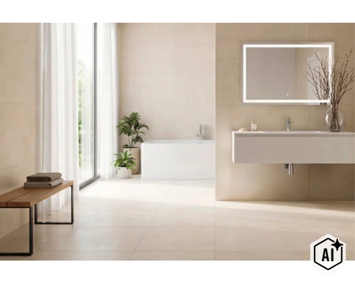 Moderne badkamer met ligbad, wandhangend badmeubel, LED spiegel, houten bankje en lichte tegels in een heldere en ruimtelijke sfeer. (Image AI modified or generated)