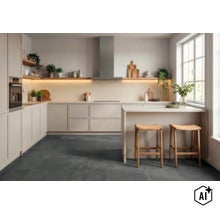 Moderne lichte inbouwkeuken met kookeiland, houten elementen, betegelde achterwand en twee barkrukken in een lichte kamer. (Image AI modified or generated)