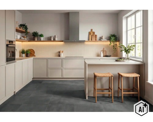Moderne lichte inbouwkeuken met kookeiland, houten elementen, betegelde achterwand en twee barkrukken in een lichte kamer. (Image AI modified or generated)