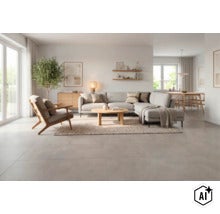 Lichte, open woonkamer met grootformaat tegels op de vloer, gecombineerd met modern interieur in lichte houttinten. (Image AI modified or generated)