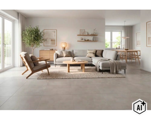 Lichte, open woonkamer met grootformaat tegels op de vloer, gecombineerd met modern interieur in lichte houttinten. (Image AI modified or generated)
