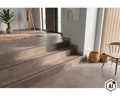 Hal met betegelde traptreden voorzien van antislip profielen in een moderne woonomgeving met decoratie. (Image AI modified or generated)