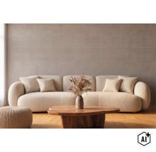 Woonkamer met beige bank en houten salontafel voor een muur met grootformaat tegels in baksteen design (Image AI modified or generated)