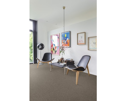 Woonkamer met tapijt, twee stoelen, een tafel en kunst aan de muur