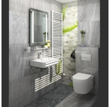 Moderne badkamer met wastafel, spiegel, radiator en toilet tegen wandtegels