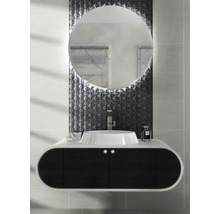 Moderne badkamer met ronde spiegel, wastafel en donkere onderkast.