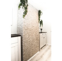 Kamerontwerp met wandbekleding in steenlook en decoratieve elementen