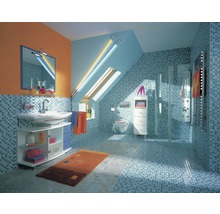 Badkamer met wastafel, spiegel, douche en toilet onder een dakraam.
