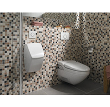 Badkamer met urinoir, toilet en vierkante mozaïektegels