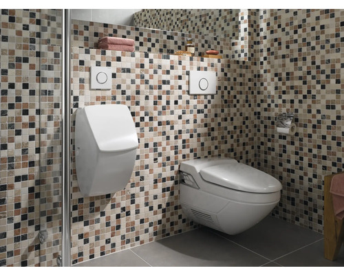 Badkamer met urinoir, toilet en vierkante mozaïektegels