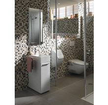 Moderne badkamer met mozaïektegels, wastafel, spiegelkast en douchecabine
