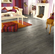 Woonkamer met laminaatvloer in houtlook, bank, vloerkleed en open haard