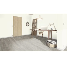 Lichte kamer met deur, bureau, stoel en decoratieve elementen
