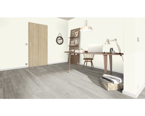 Lichte kamer met deur, bureau, stoel en decoratieve elementen