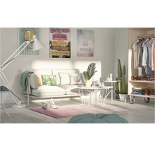 Woonkamer met bank, salontafel, vloerlamp, tapijt, decoraties, schilderijen en kledingkast.