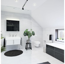 Moderne badkamer met wastafel, spiegel, toilet en bad.