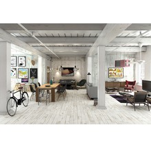 Ruime woonkamer met houten vloer, eettafel, banken en decoratieve elementen