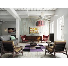 Woonkamer met bank, fauteuils, tapijt, tafel, dressoir, televisie, plafondventilator en verwarmingstoestel