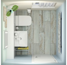 Bovenaanzicht van een badkamer met toilet, wastafel, spiegel, houten vloer en douche
