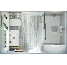 Badkamer met toilet, wastafel en douche met houten vloer