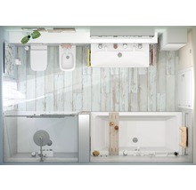 Bovenaanzicht van een badkamer met toilet, bidet, wastafel, douche en bad