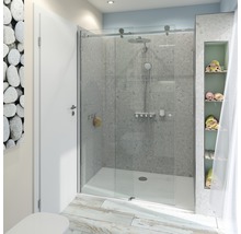 Badkamer met douche met glazen schuifdeur, handdoeken en houten vloer