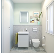 Badkamer met wastafel, toilet, spiegel, handdoek en decoraties