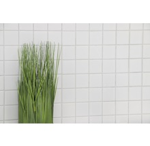 Decoratieve kunstplant voor een muur van witte vierkante tegels.