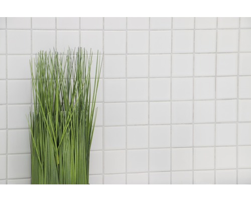 Decoratieve kunstplant voor een muur van witte vierkante tegels.
