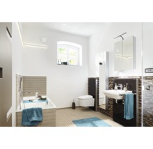 Lichte badkamer met ligbad, toilet, wastafel en spiegelkast