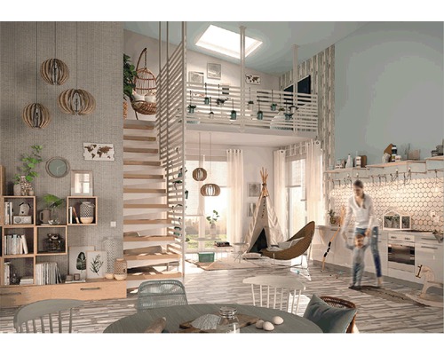 Lichte woonkamer met trap naar de mezzanine, rekkensysteem, decoratie en speelruimte