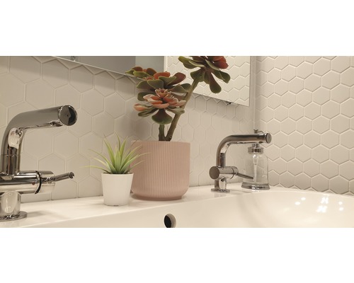 Badkamermeubel met kranen, decoratieve planten en zeshoekige wandtegels