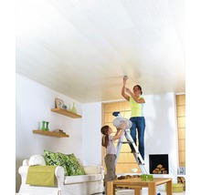 Woonkamer met houten plafond en twee personen die een lamp monteren op een ladder