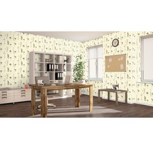 Kantoorruimte met bureau, rekken en behang met plantmotief