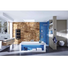 Lichte badkamer met douche, wastafel, ligbad en toilet.