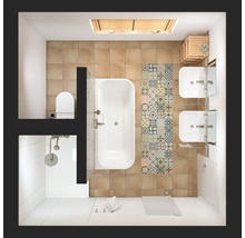 Vogelperspectief van een badkamer met ligbad, douche, toilet en wastafels