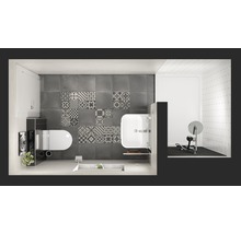 Bovenaanzicht van een badkamer met toilet, wastafel en douche naast een fitnessruimte met halterbank.