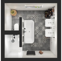 Bovenaanzicht van een badkamer met bad, douche, wastafel en toilet
