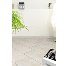 Lichte ruimte met vloertegels in steenlook, plant en decoratie