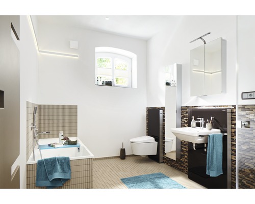 Lichte badkamer met bad, toilet, wastafel en spiegelkast