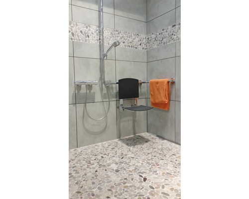 Badkamer met douche, douchestoel en handdoekhouder