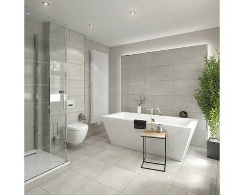Lichte badkamer met ligbad, douche, toilet en radiator